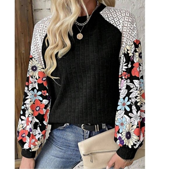 Boho Floral Print lace panel Brushed Fabric Long Sleeve Top - Picture 1 of 7